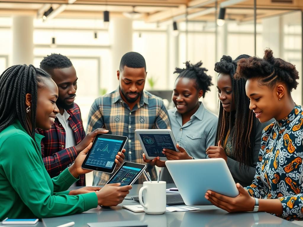 Équipe collaborant autour d'outils numériques — impact social et digital OTO Tombé